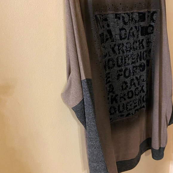 Grande Madame taupe & grey crew neck long sleeved top with letters & black gems - Picture 6 of 12